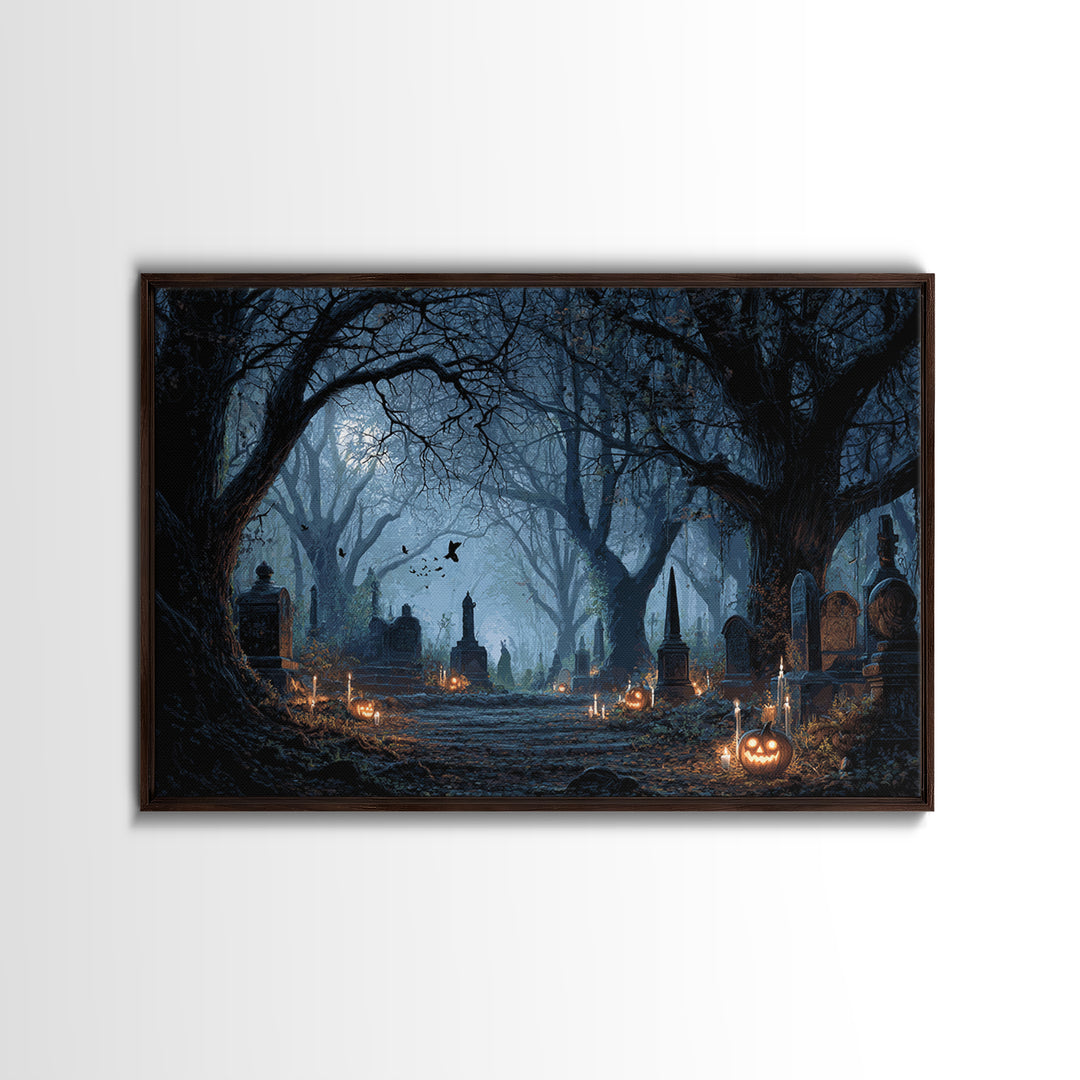 The Moonlit Cemetery, Landscape Wall Art, Gothic Horror Wall Art, Framed Canvas Print, Halloween Wall Decor, Gothic Home Decor