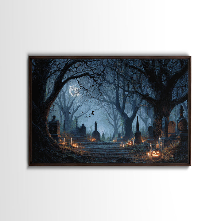 The Moonlit Cemetery, Landscape Wall Art, Gothic Horror Wall Art, Framed Canvas Print, Halloween Wall Decor, Gothic Home Decor