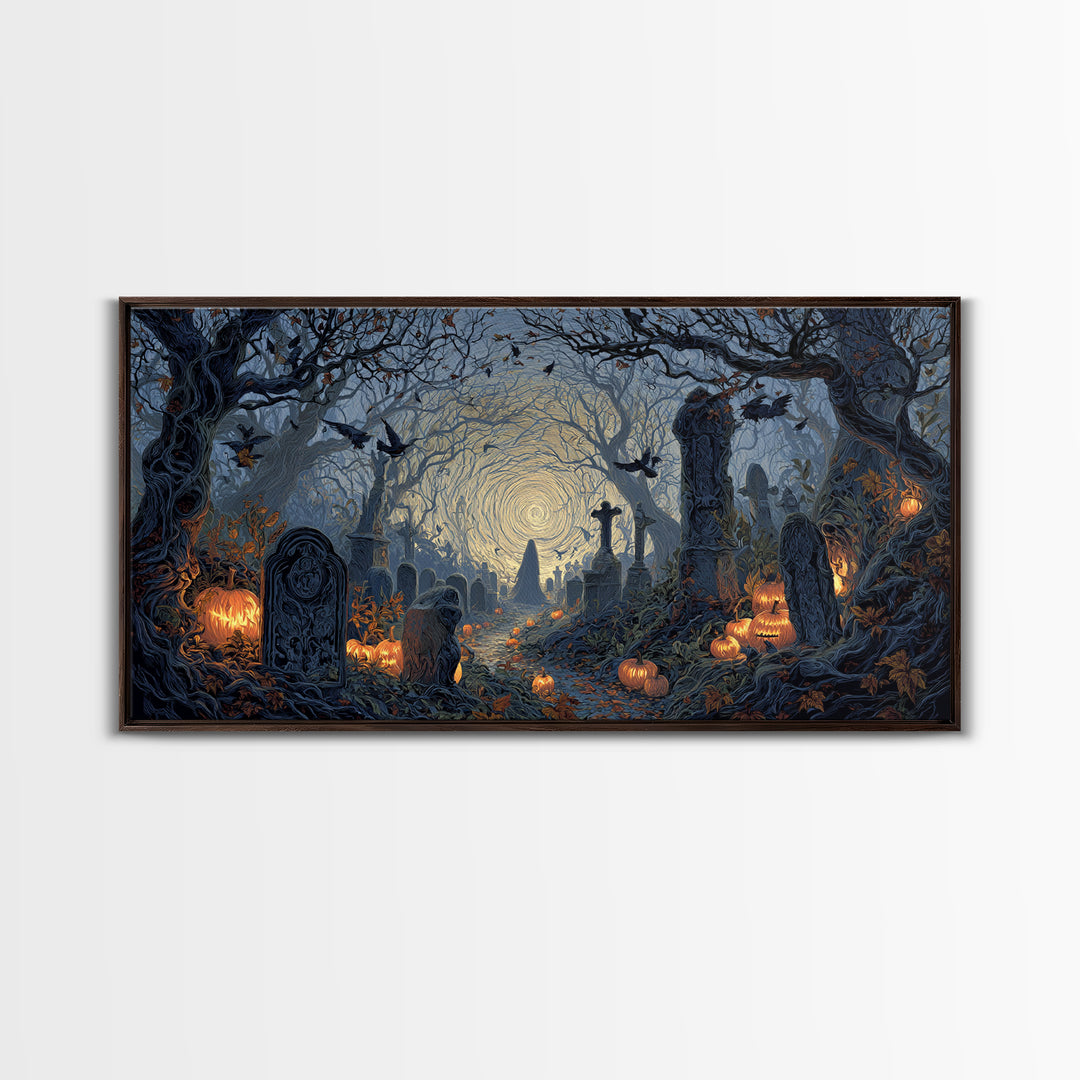 The Moonlit Cemetery, Wide Panoramic Art, Spooky Home Decor, Canvas Print, Halloween Wall Decor, Gothic Home Decor, Halloween Wall Art