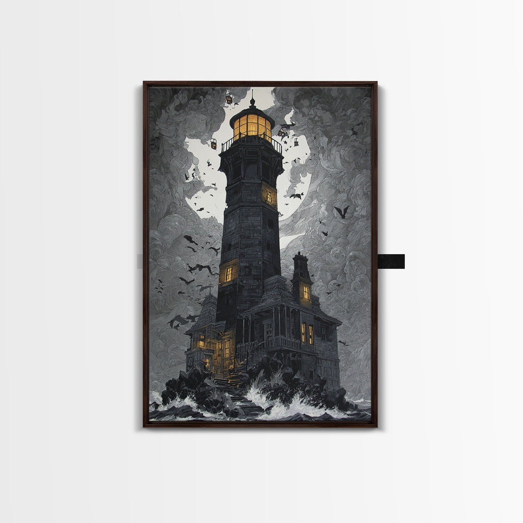 The Cursed Lighthouse, Vertical Wall Art, Macabre Wall Art, Framed Canvas Print, Halloween Wall Decor, Gothic Home Decor