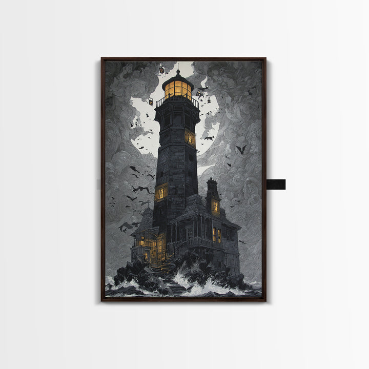 The Cursed Lighthouse, Vertical Wall Art, Macabre Wall Art, Framed Canvas Print, Halloween Wall Decor, Gothic Home Decor