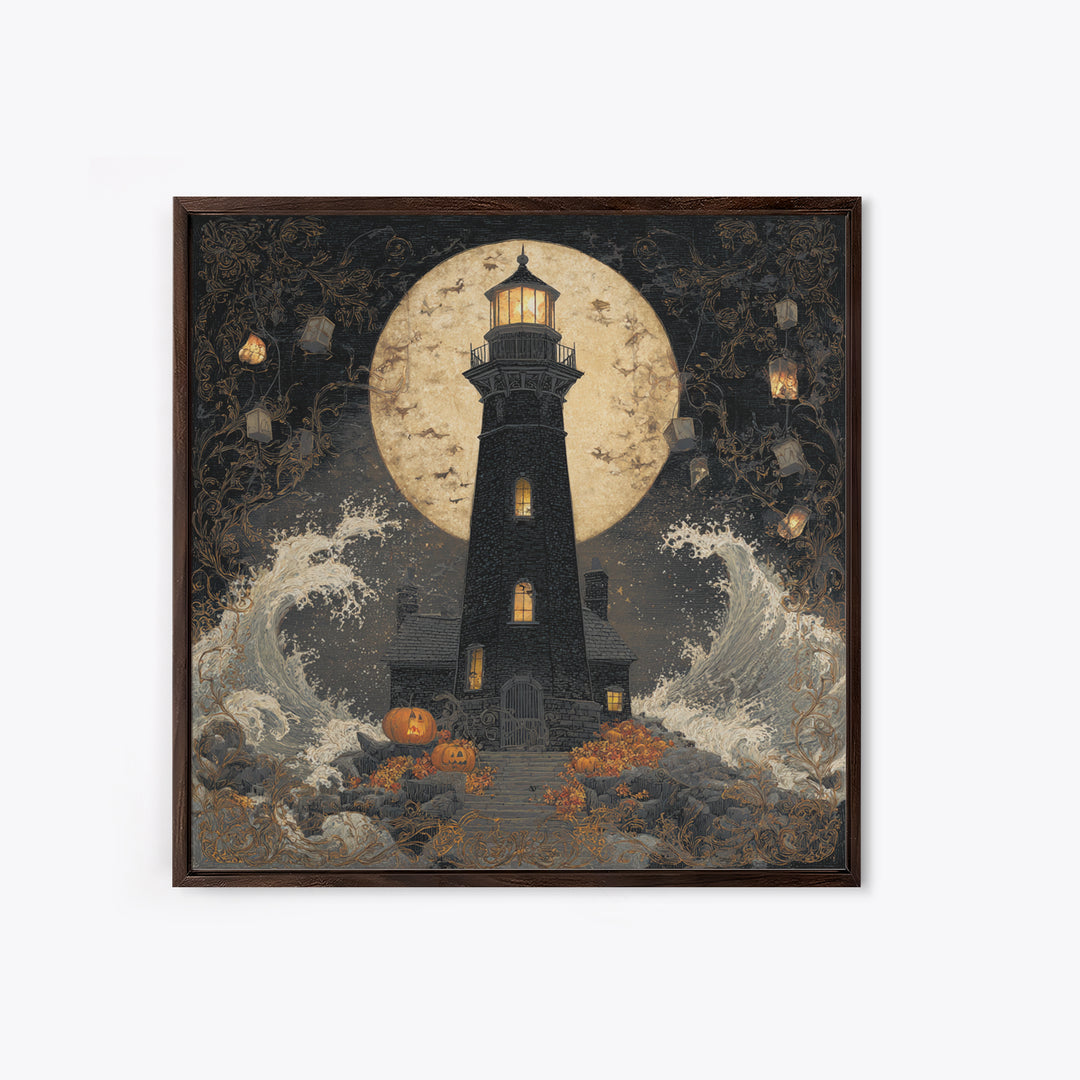 The Cursed Lighthouse, Square Wall Art, Haunted Gothic Art, Framed Canvas Print, Halloween Wall Decor, Gothic Home Decor, Dark Fantasy Art