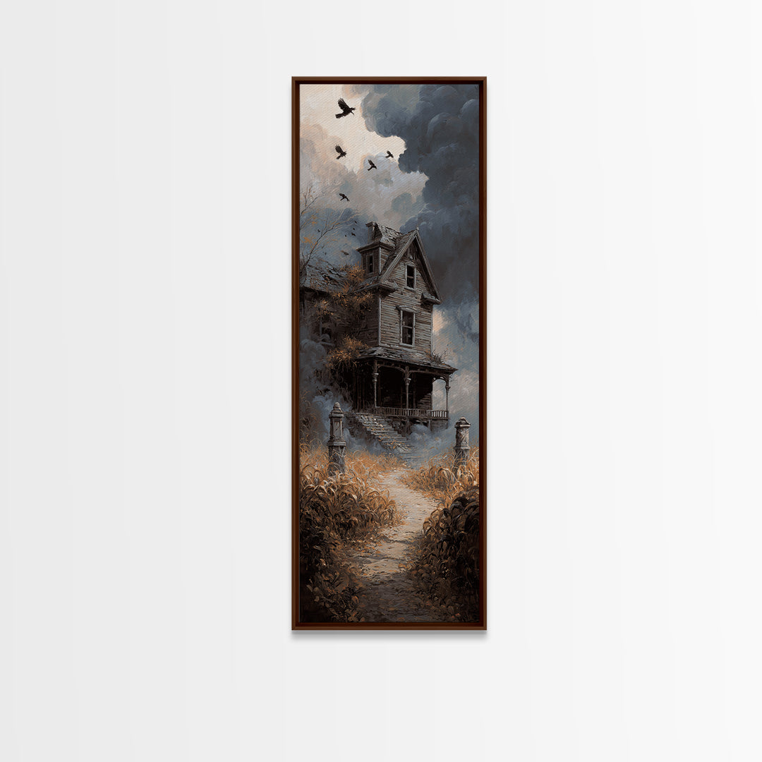 The Possessed Farmhouse, Tall Narrow Wall Art, Haunted Gothic Art, Framed Canvas Print, Halloween Wall Decor, Gothic Home Decor
