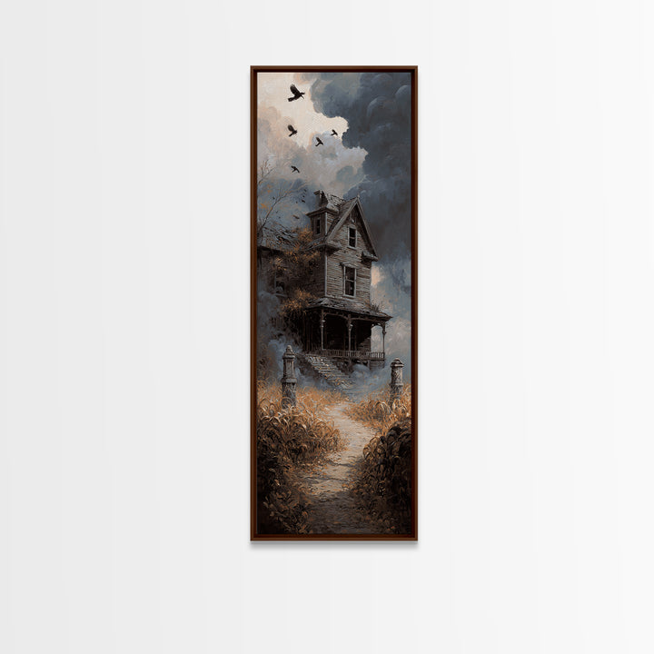 The Possessed Farmhouse, Tall Narrow Wall Art, Haunted Gothic Art, Framed Canvas Print, Halloween Wall Decor, Gothic Home Decor