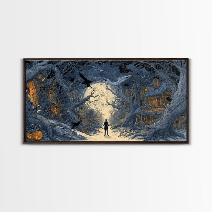 The Ghost Town Main Street, Wide Panoramic Art, Haunted Gothic Art, Framed Canvas Print, Halloween Wall Decor, Gothic Home Decor