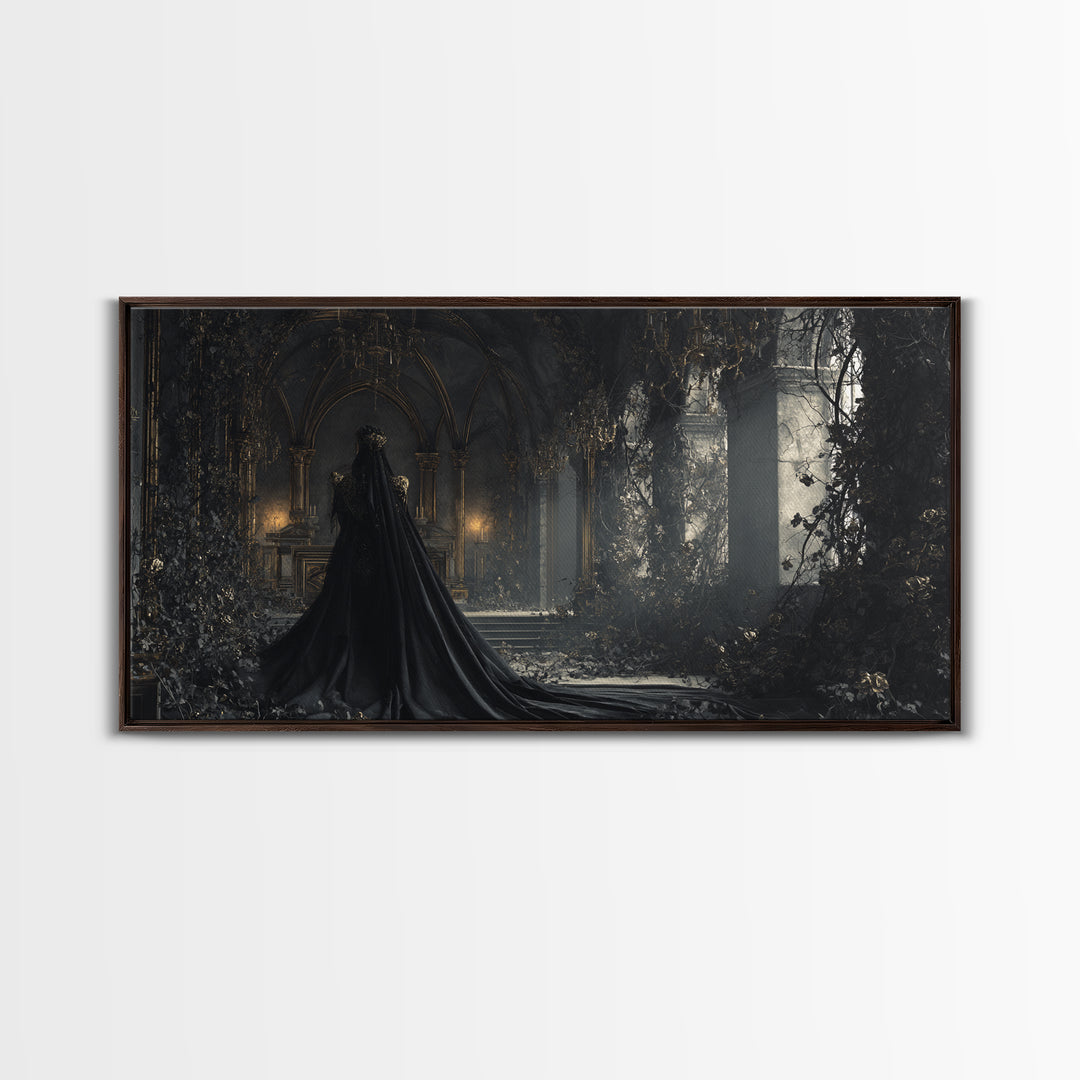 The Overgrown Chapel, Wide Panoramic Art, Macabre Wall Art, Framed Canvas Print, Halloween Wall Decor, Gothic Home Decor, Dark Fantasy Art