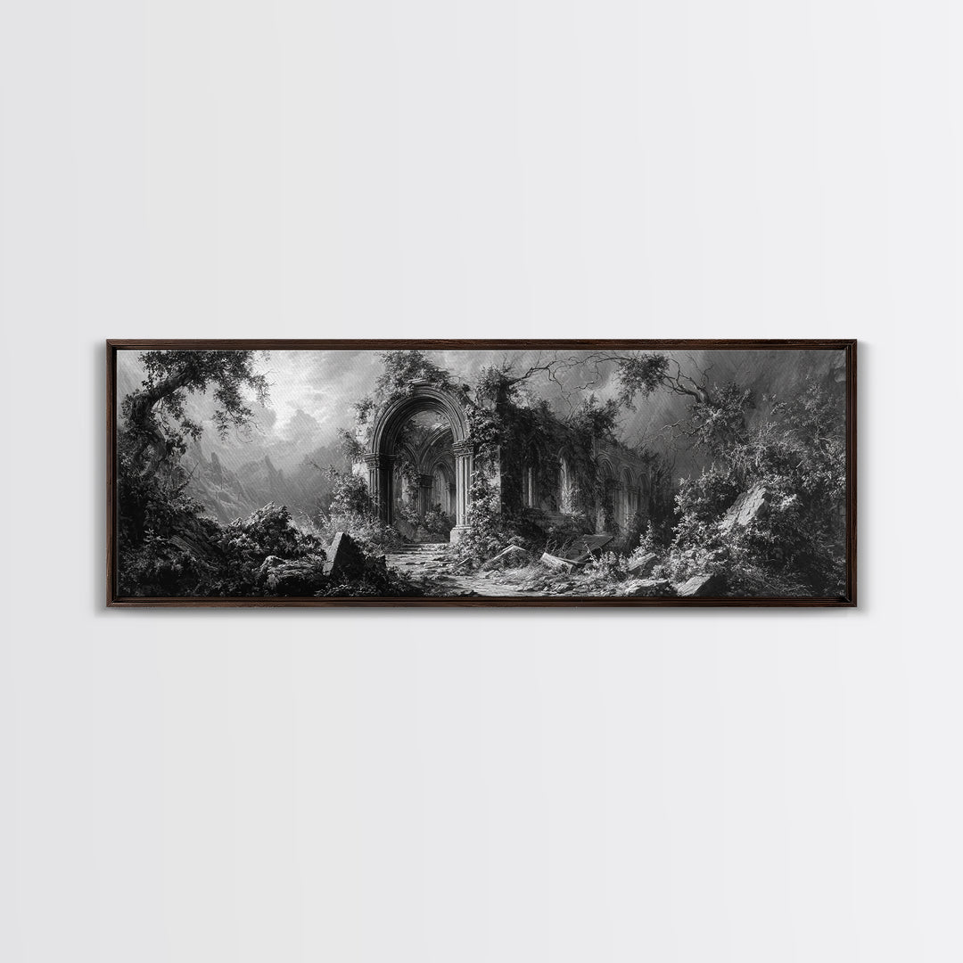 The Overgrown Chapel, Extra Wide Wall Art, Haunted Gothic Art, Framed Canvas Print, Halloween Wall Decor, Gothic Home Decor