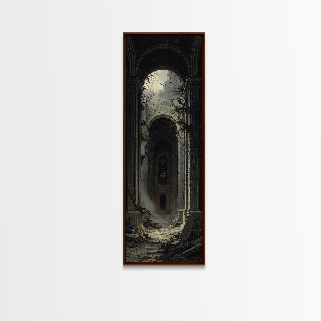 The Overgrown Chapel, Tall Narrow Wall Art, Dark Halloween Decor, Canvas Print, Halloween Wall Decor, Gothic Home Decor, Spooky Wall Decor