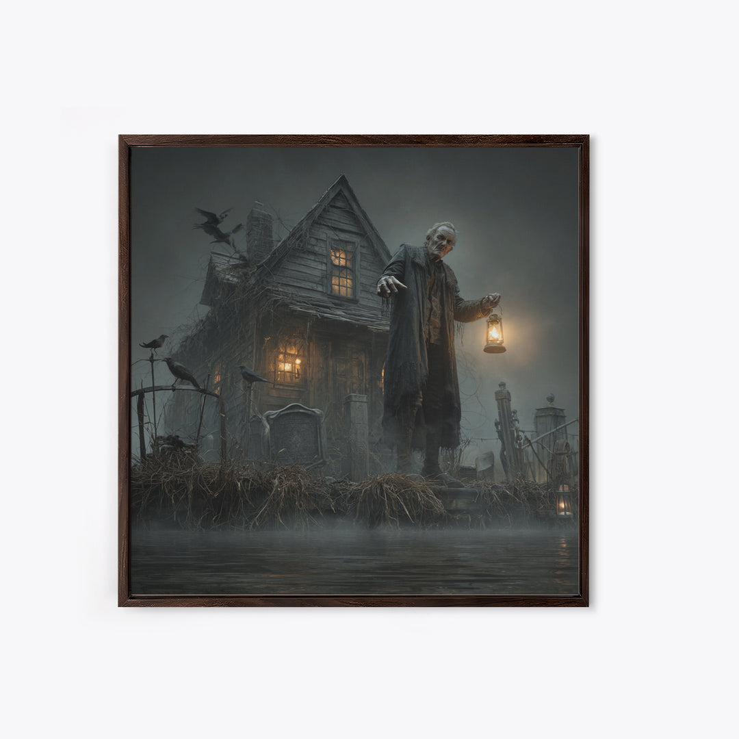 The Foggy Swamp Shack, Square Wall Art, Haunted Gothic Art, Framed Canvas Print, Halloween Wall Decor, Gothic Home Decor, Spooky Wall Decor