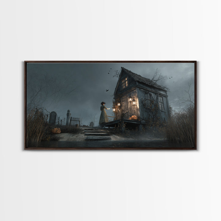 The Foggy Swamp Shack, Wide Panoramic Art, Gothic Horror Wall Art, Framed Canvas Print, Halloween Wall Decor, Gothic Home Decor