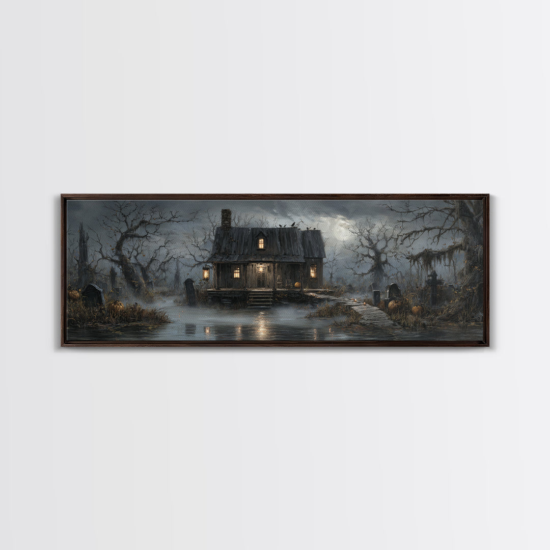 The Foggy Swamp Shack, Extra Wide Wall Art, Haunted Gothic Art, Framed Canvas Print, Halloween Wall Decor, Gothic Home Decor