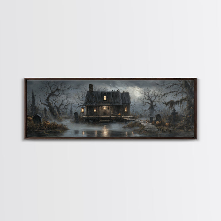 The Foggy Swamp Shack, Extra Wide Wall Art, Haunted Gothic Art, Framed Canvas Print, Halloween Wall Decor, Gothic Home Decor