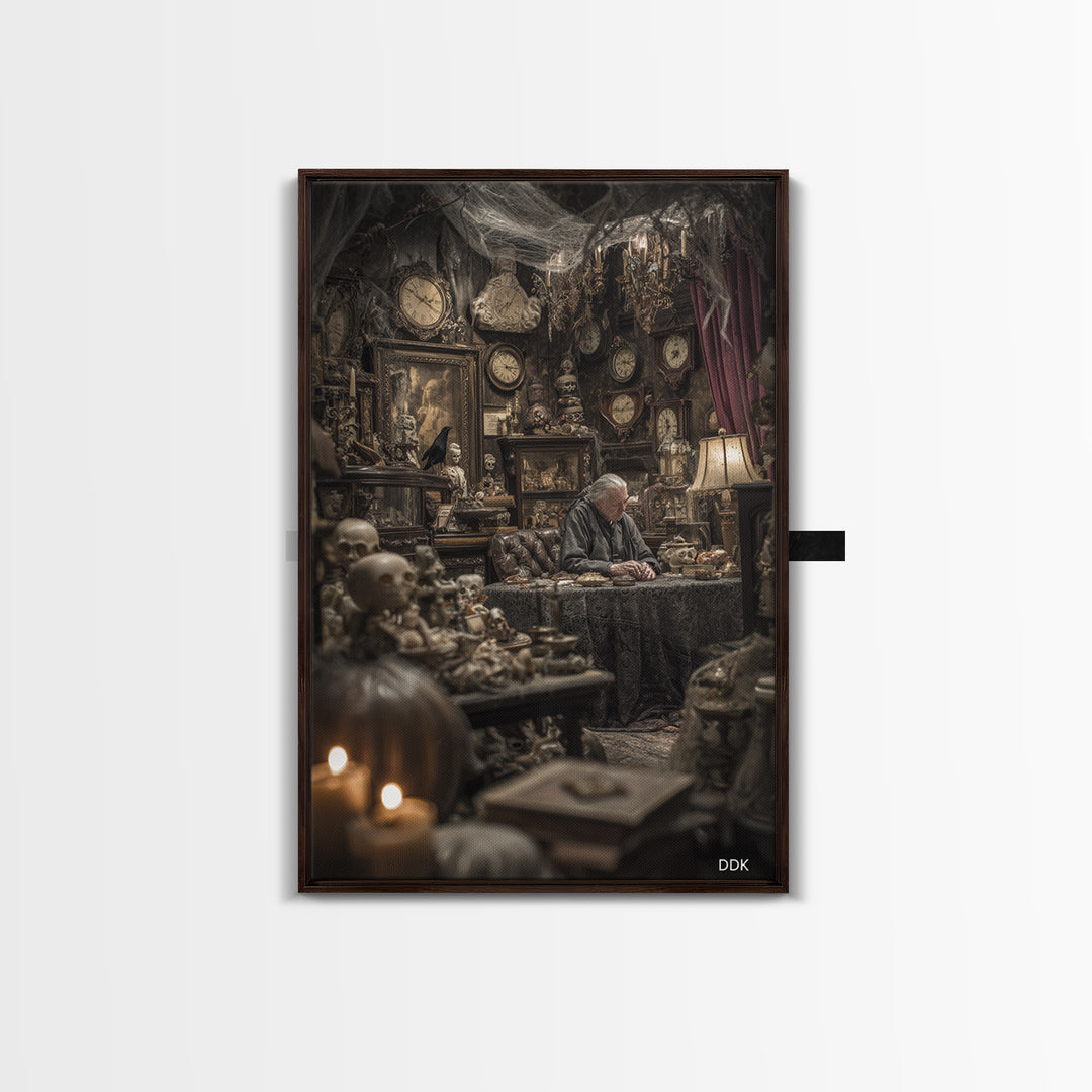 The Midnight Antique Shop, Vertical Wall Art, Macabre Wall Art, Framed Canvas Print, Halloween Wall Decor, Gothic Home Decor