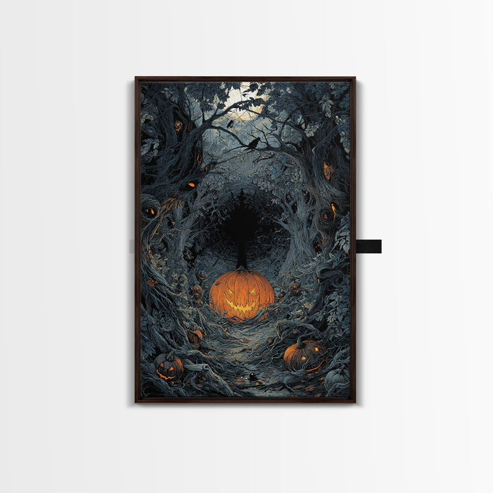 The Pumpkin Patch Maze, Vertical Wall Art, Gothic Horror Wall Art, Framed Canvas Print, Halloween Wall Decor, Gothic Home Decor