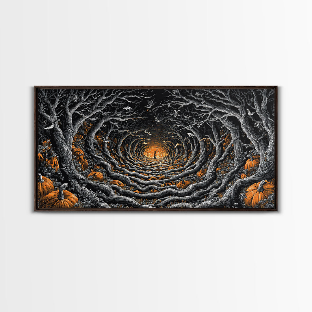 The Pumpkin Patch Maze, Wide Panoramic Art, Dark Halloween Decor, Canvas Print, Halloween Wall Decor, Gothic Home Decor, Macabre Wall Art
