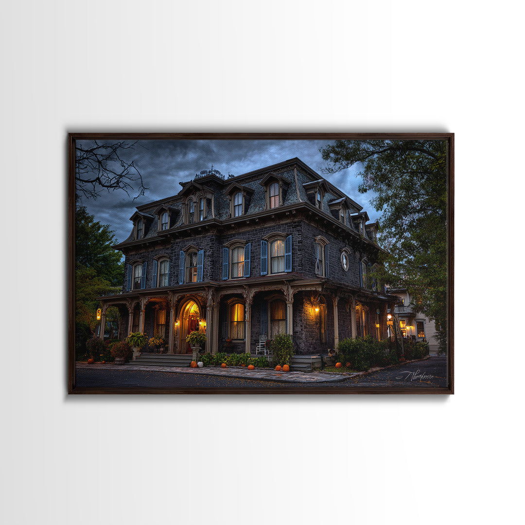 The Haunted Hotel, Landscape Wall Art, Haunted Gothic Art, Framed Canvas Print, Halloween Wall Decor, Gothic Home Decor