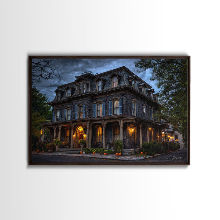 The Haunted Hotel, Landscape Wall Art, Haunted Gothic Art, Framed Canvas Print, Halloween Wall Decor, Gothic Home Decor