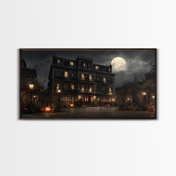 The Haunted Hotel, Wide Panoramic Art, Macabre Wall Art, Framed Canvas Print, Halloween Wall Decor, Gothic Home Decor, Horror Wall Art
