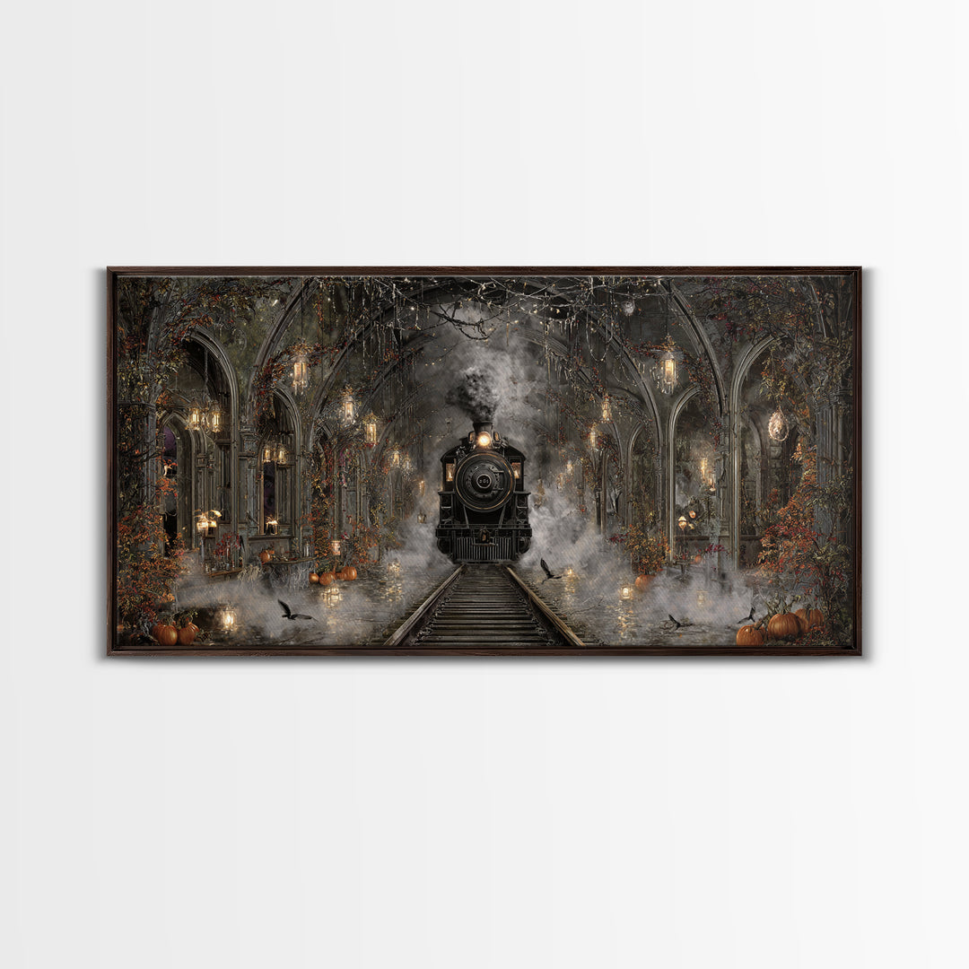 The Abandoned Train Station, Wide Panoramic Art, Macabre Wall Art, Framed Canvas Print, Halloween Wall Decor, Gothic Home Decor