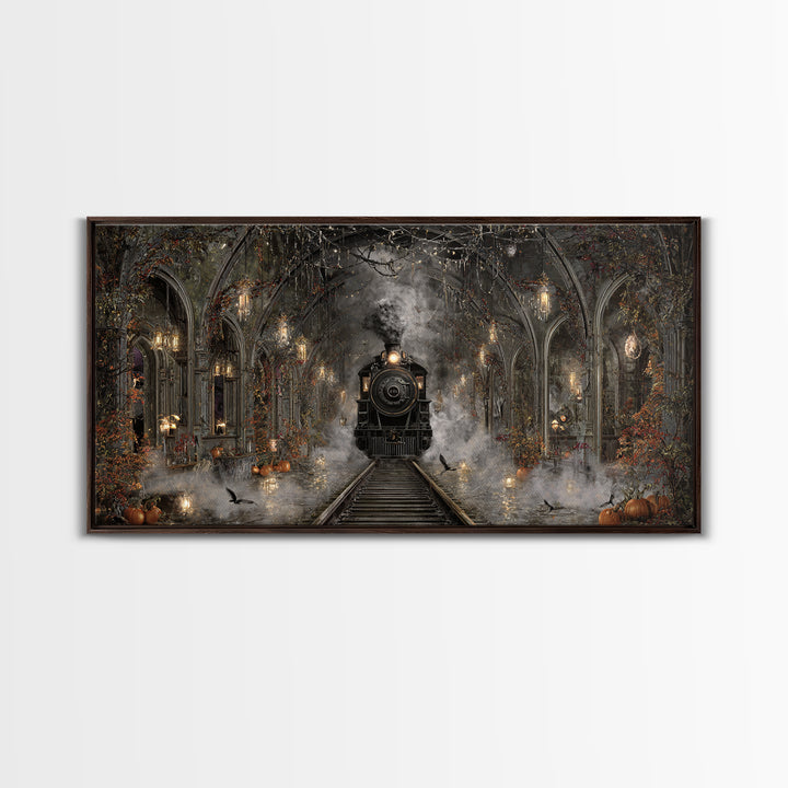 The Abandoned Train Station, Wide Panoramic Art, Macabre Wall Art, Framed Canvas Print, Halloween Wall Decor, Gothic Home Decor