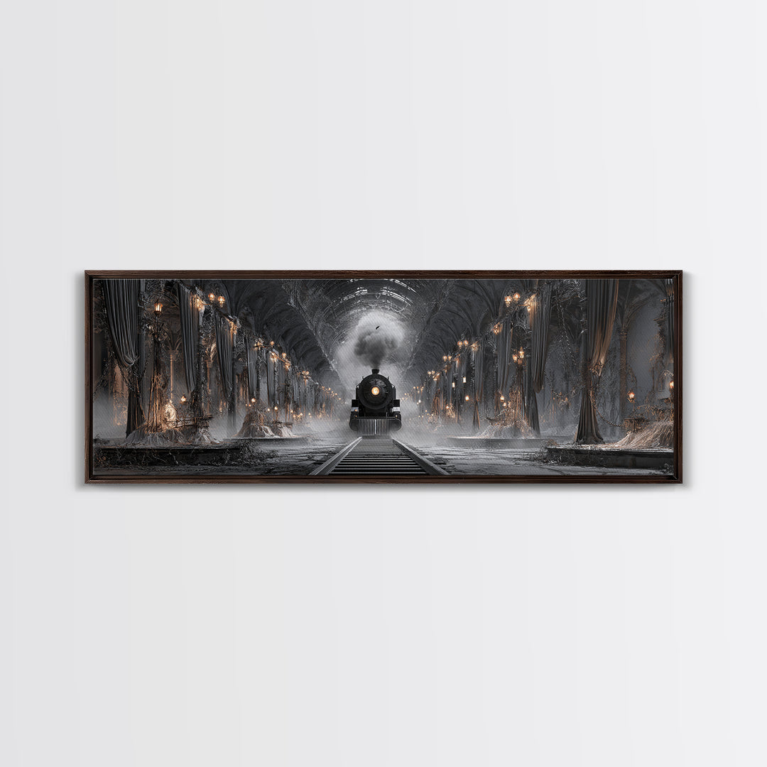 The Abandoned Train Station, Extra Wide Wall Art, Haunted Gothic Art, Framed Canvas Print, Halloween Wall Decor, Gothic Home Decor