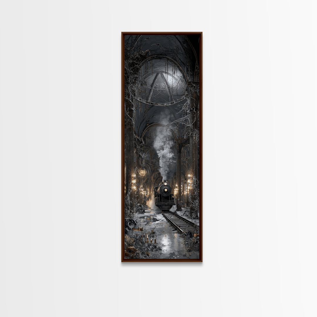 The Abandoned Train Station, Tall Narrow Wall Art, Gothic Horror Wall Art, Framed Canvas Print, Halloween Wall Decor, Gothic Home Decor