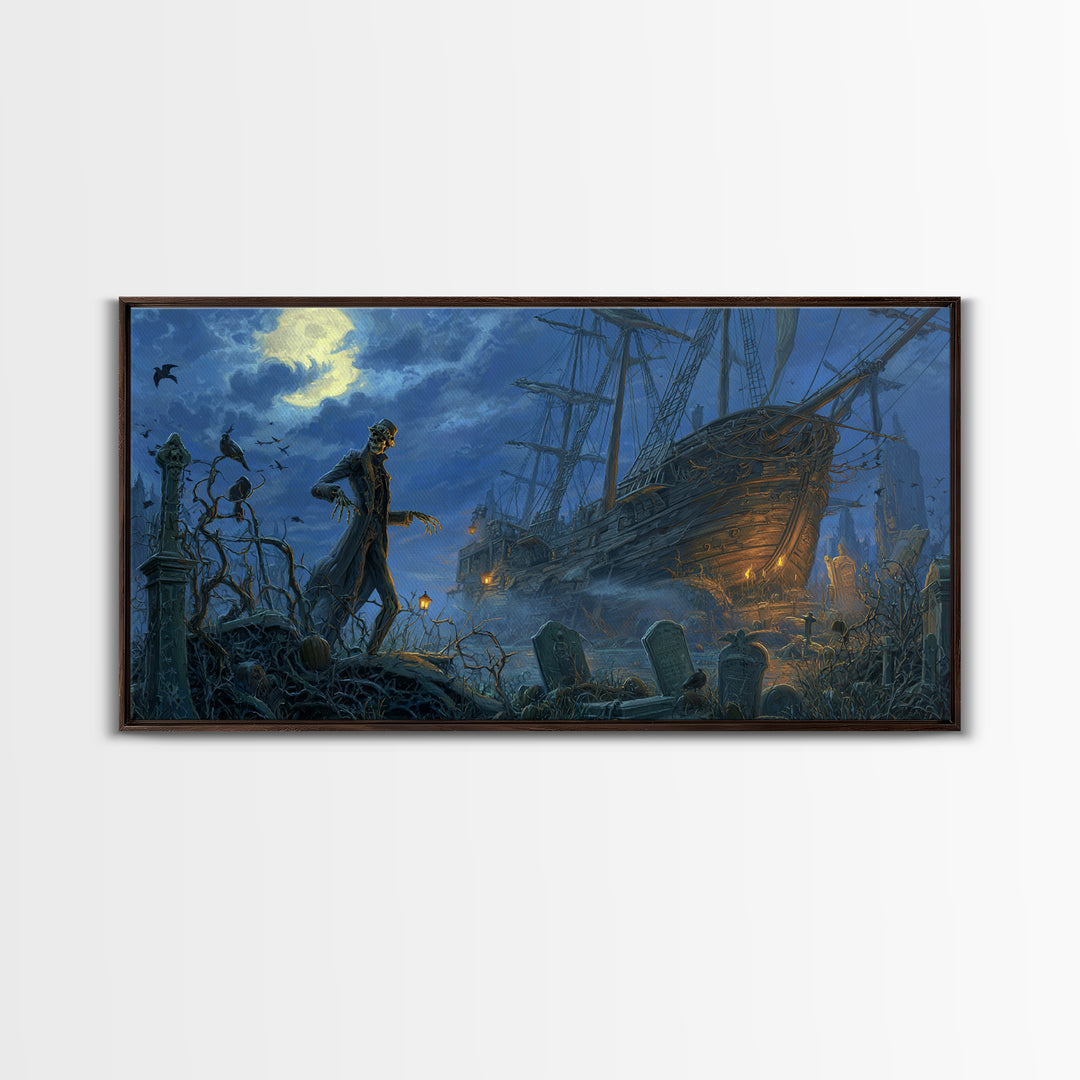 The Shipwreck Cove, Wide Panoramic Art, Gothic Horror Wall Art, Framed Canvas Print, Halloween Wall Decor, Gothic Home Decor