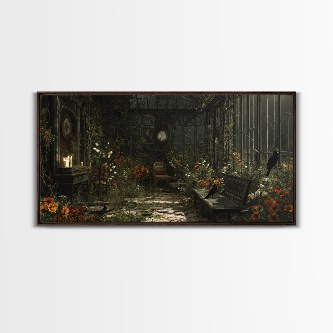 The Cemetery Greenhouse, Wide Panoramic Art, Spooky Home Decor, Canvas Print, Halloween Wall Decor, Gothic Home Decor, Horror Wall Art