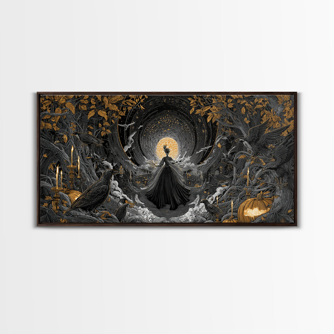 The Midnight Masquerade, Wide Panoramic Art, Haunted Gothic Art, Framed Canvas Print, Halloween Wall Decor, Gothic Home Decor