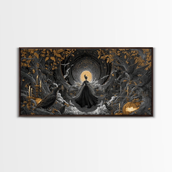 The Midnight Masquerade, Wide Panoramic Art, Haunted Gothic Art, Framed Canvas Print, Halloween Wall Decor, Gothic Home Decor