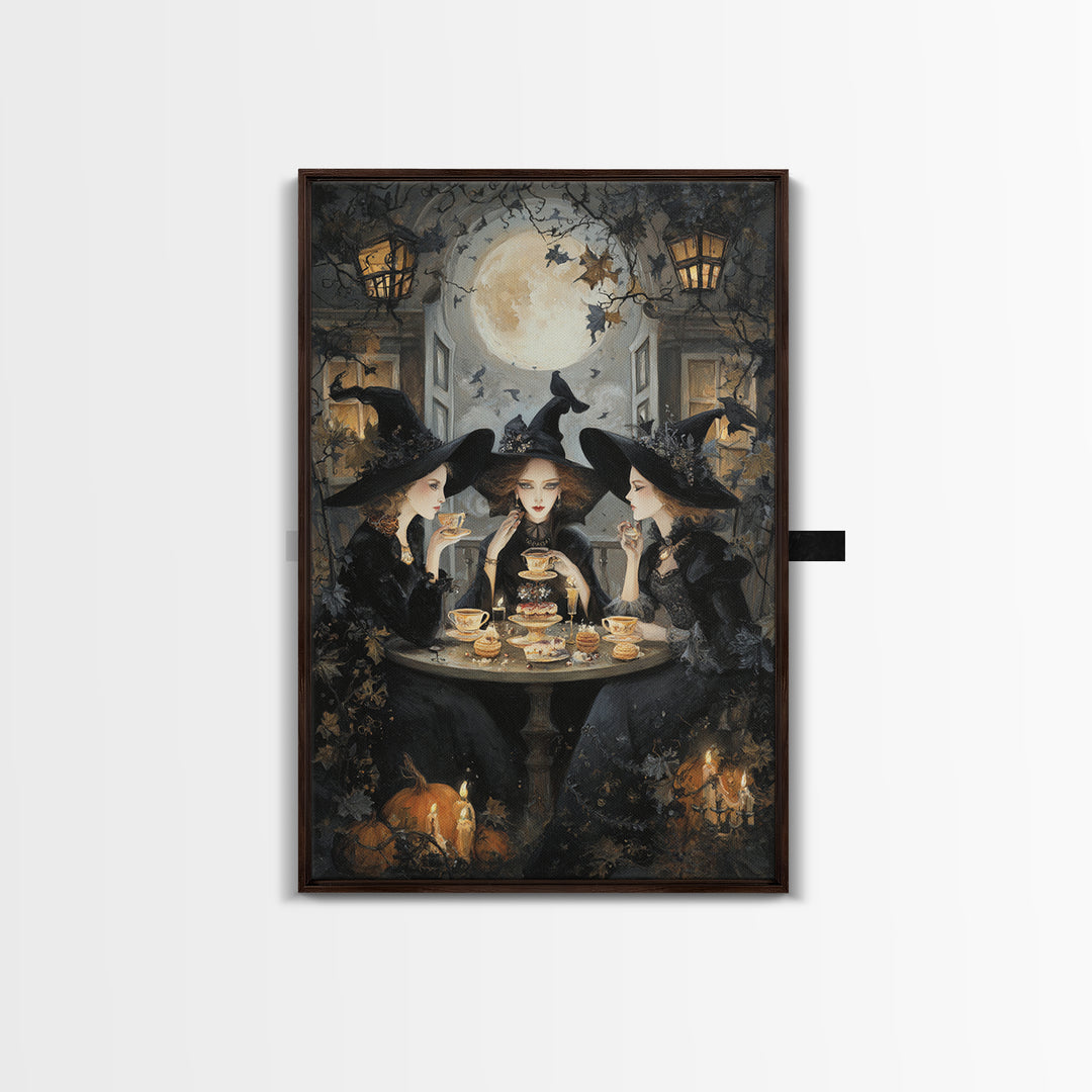 The Witches' Tea Party, Vertical Wall Art, Macabre Wall Art, Framed Canvas Print, Halloween Wall Decor, Gothic Home Decor, Halloween Decor