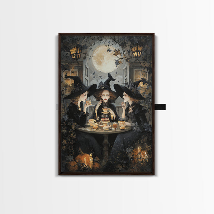 The Witches' Tea Party, Vertical Wall Art, Macabre Wall Art, Framed Canvas Print, Halloween Wall Decor, Gothic Home Decor, Halloween Decor