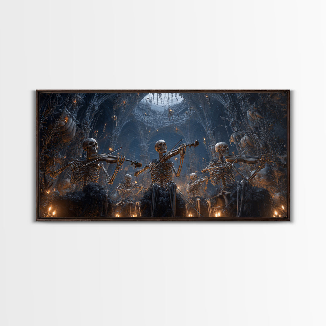 The Skeleton Orchestra, Wide Panoramic Art, Macabre Wall Art, Framed Canvas Print, Halloween Wall Decor, Gothic Home Decor