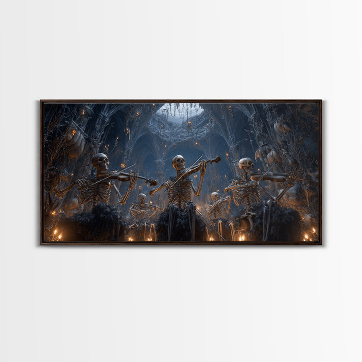 The Skeleton Orchestra, Wide Panoramic Art, Macabre Wall Art, Framed Canvas Print, Halloween Wall Decor, Gothic Home Decor