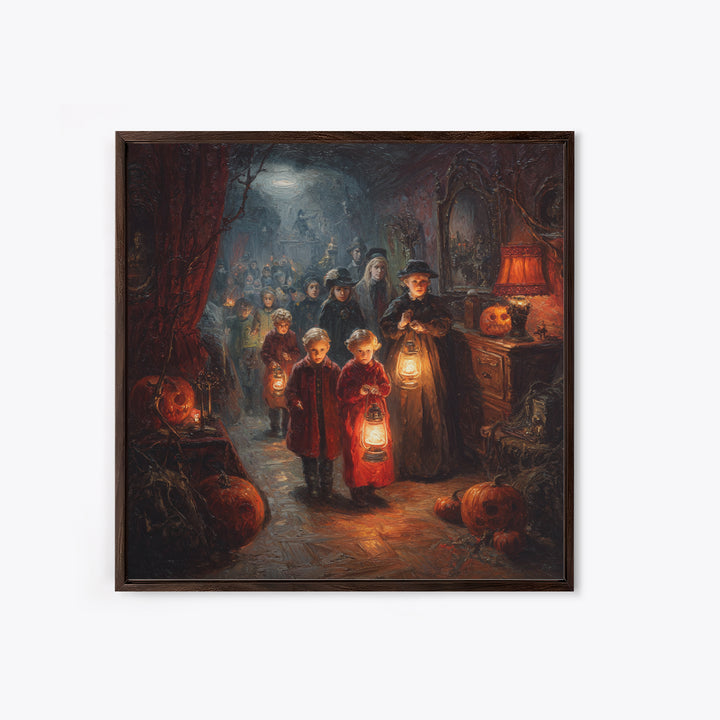 The Trick-Or-Treat Procession, Square Wall Art, Haunted Gothic Art, Framed Canvas Print, Halloween Wall Decor, Gothic Home Decor