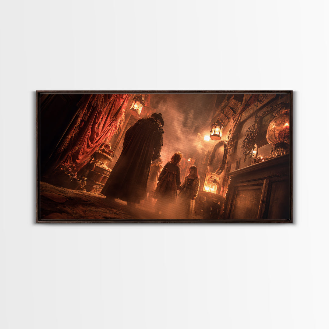 The Trick-Or-Treat Procession, Wide Panoramic Art, Gothic Horror Wall Art, Framed Canvas Print, Halloween Wall Decor, Gothic Home Decor