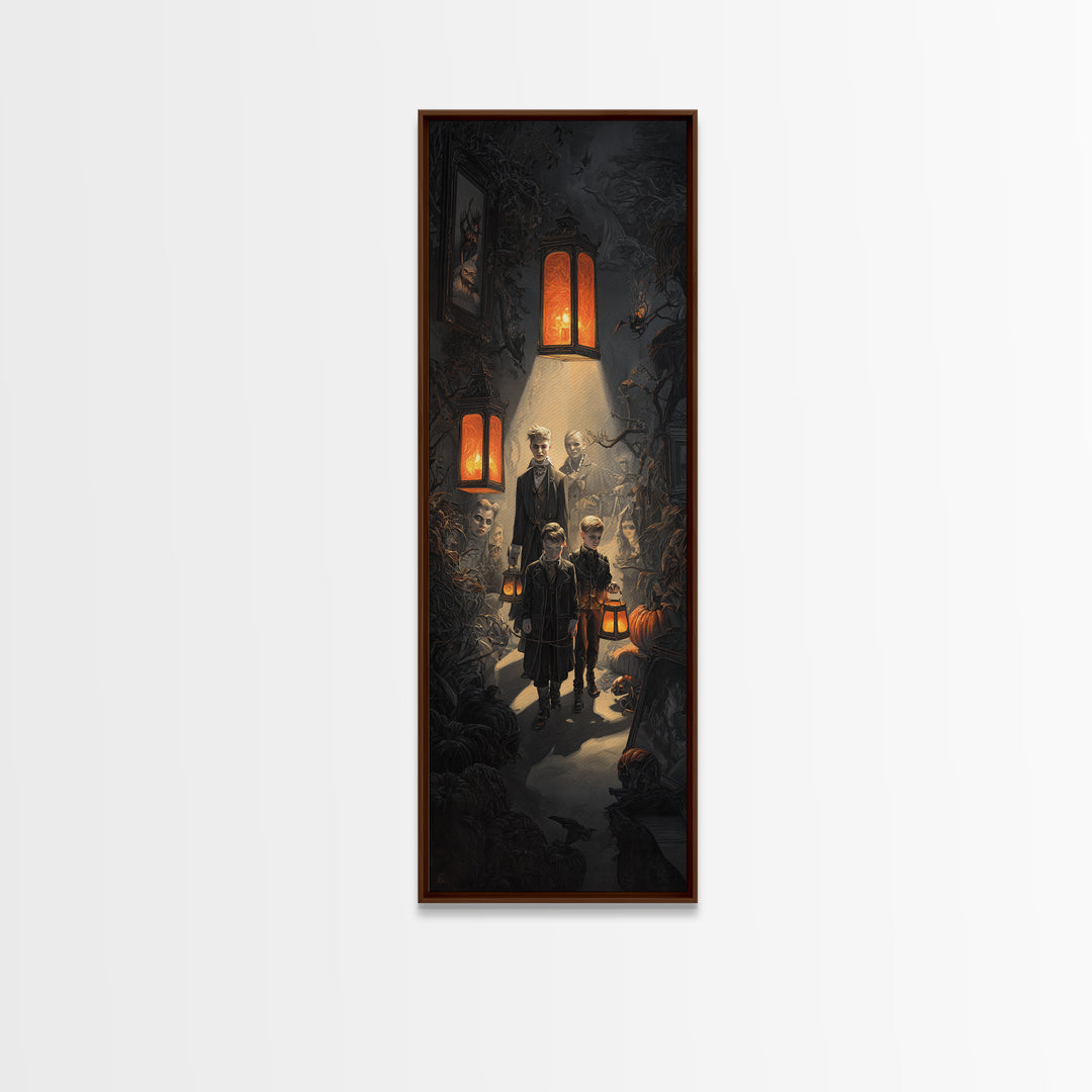 The Trick-Or-Treat Procession, Tall Narrow Wall Art, Spooky Home Decor, Canvas Print, Halloween Wall Decor, Gothic Home Decor
