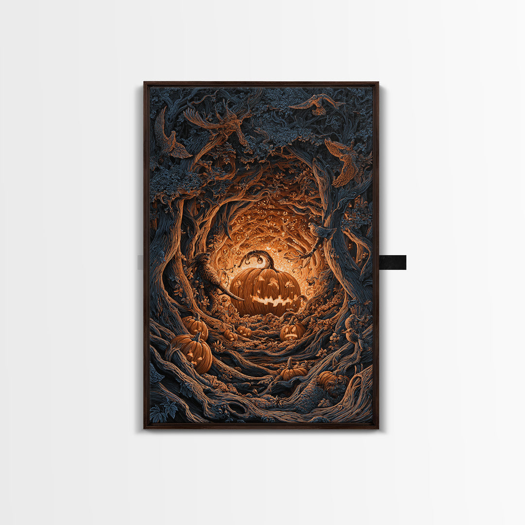 The Pumpkin-Carving Ritual, Vertical Wall Art, Haunted Gothic Art, Framed Canvas Print, Halloween Wall Decor, Gothic Home Decor