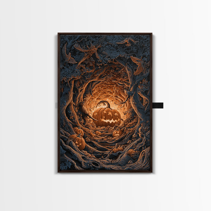 The Pumpkin-Carving Ritual, Vertical Wall Art, Haunted Gothic Art, Framed Canvas Print, Halloween Wall Decor, Gothic Home Decor