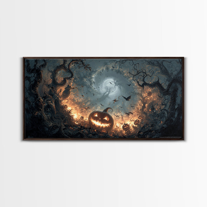 The Pumpkin-Carving Ritual, Wide Panoramic Art, Dark Fantasy Wall Art, Canvas Print, Halloween Wall Decor, Gothic Home Decor