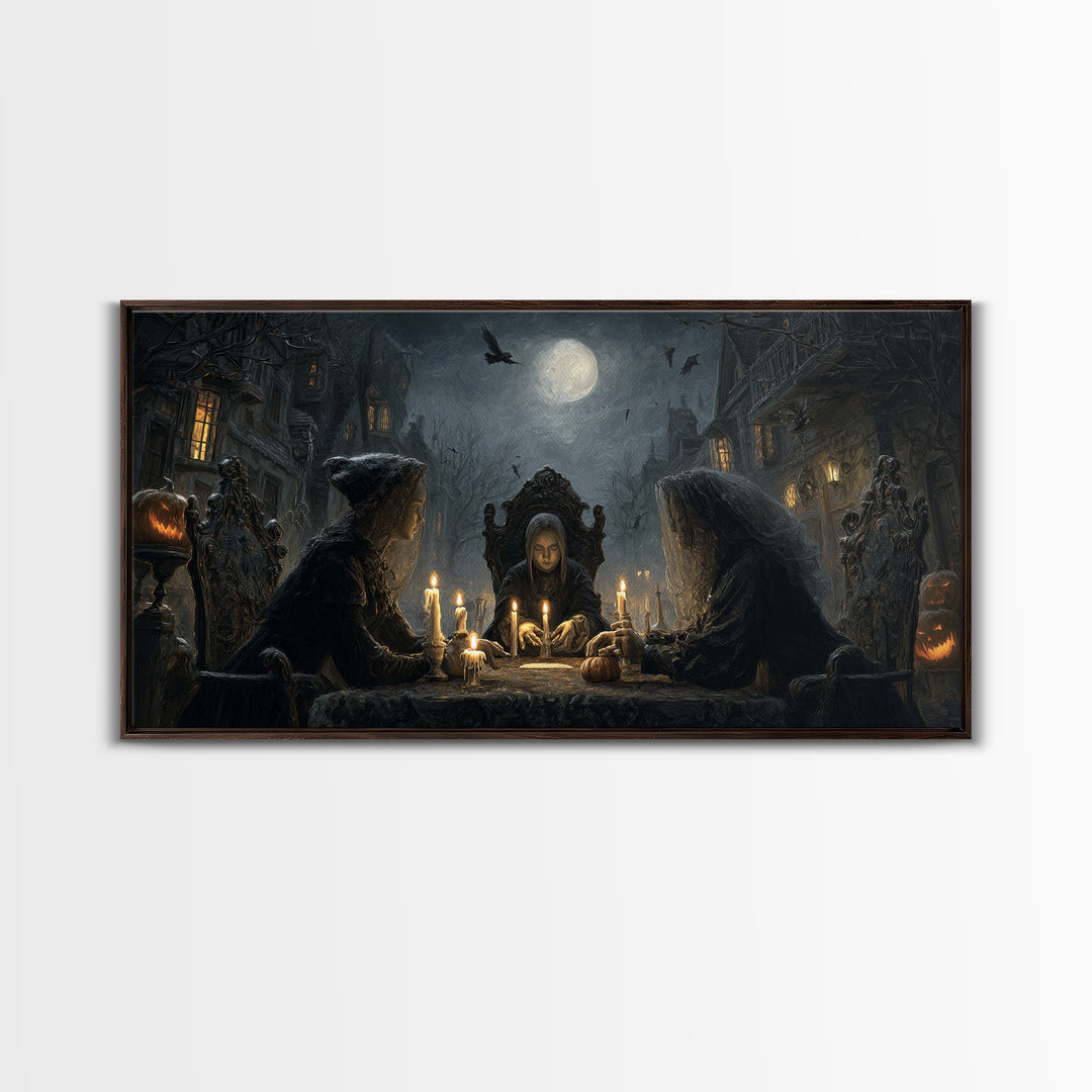 The Candlelit Seance, Wide Panoramic Art, Haunted Gothic Art, Framed Canvas Print, Halloween Wall Decor, Gothic Home Decor