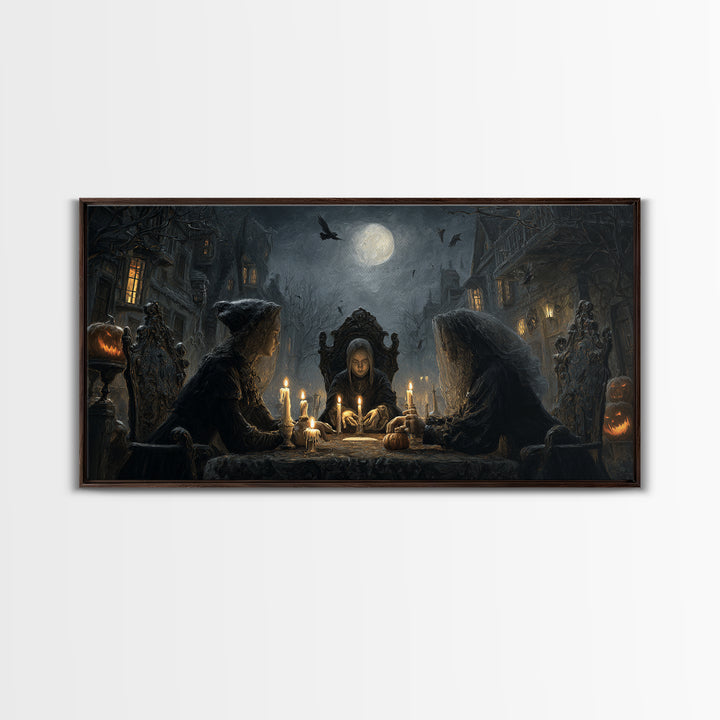 The Candlelit Seance, Wide Panoramic Art, Haunted Gothic Art, Framed Canvas Print, Halloween Wall Decor, Gothic Home Decor
