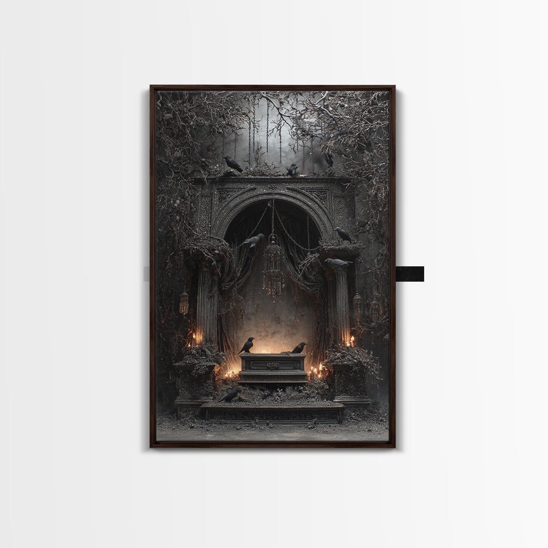 The Raven Funeral, Vertical Wall Art, Gothic Horror Wall Art, Framed Canvas Print, Halloween Wall Decor, Gothic Home Decor, Dark Fantasy Art