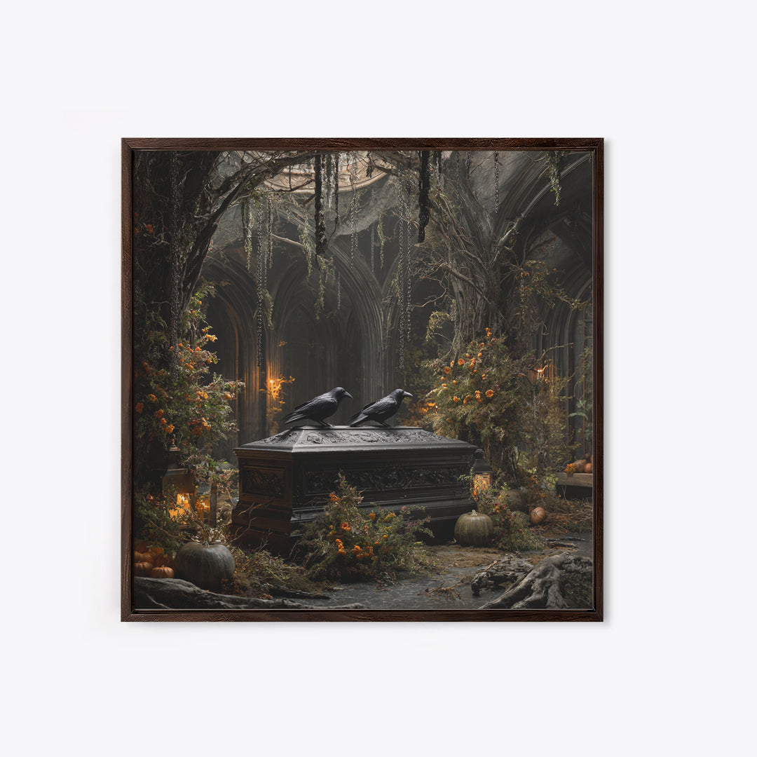The Raven Funeral, Square Wall Art, Haunted Gothic Art, Framed Canvas Print, Halloween Wall Decor, Gothic Home Decor, Macabre Wall Art