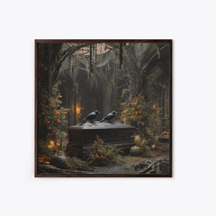 The Raven Funeral, Square Wall Art, Haunted Gothic Art, Framed Canvas Print, Halloween Wall Decor, Gothic Home Decor, Macabre Wall Art