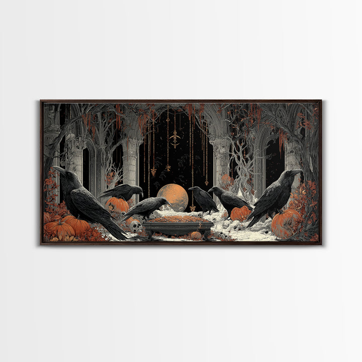 The Raven Funeral, Wide Panoramic Art, Gothic Horror Wall Art, Framed Canvas Print, Halloween Wall Decor, Gothic Home Decor, Halloween Decor