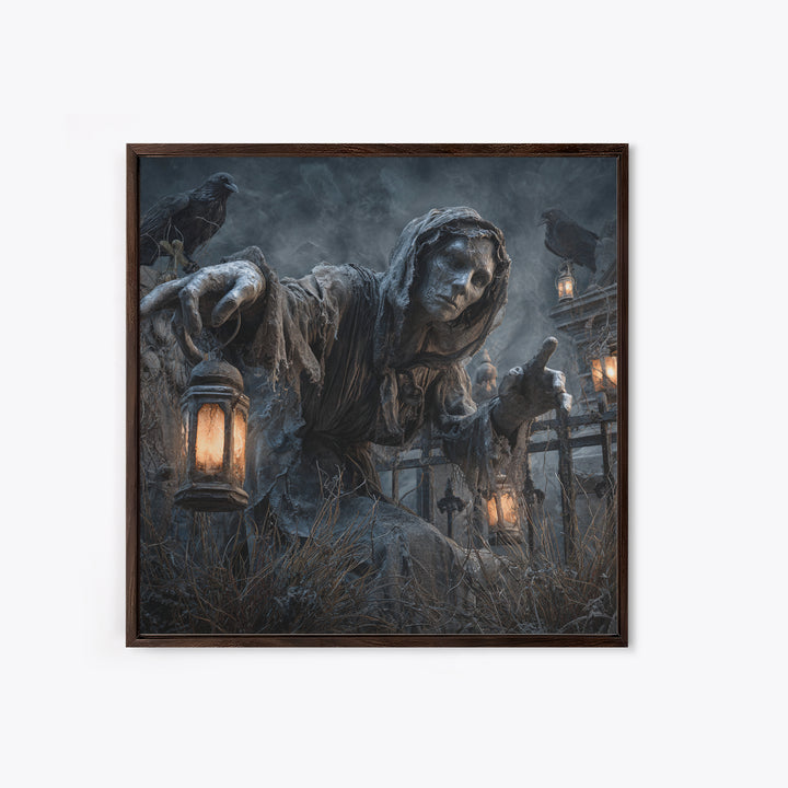 The Cemetery Lantern Festival, Square Wall Art, Haunted Gothic Art, Framed Canvas Print, Halloween Wall Decor, Gothic Home Decor
