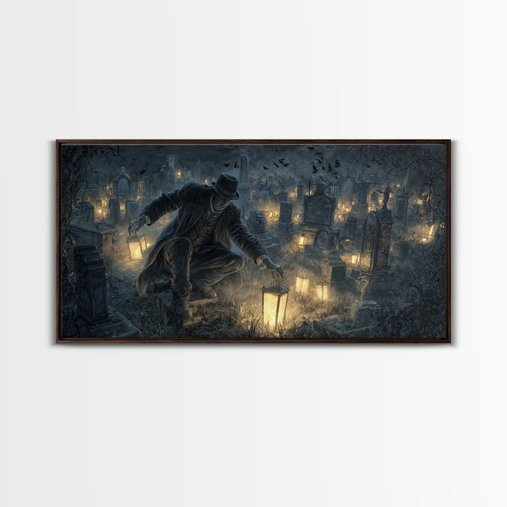 The Cemetery Lantern Festival, Wide Panoramic Art, Dark Fantasy Wall Art, Canvas Print, Halloween Wall Decor, Gothic Home Decor