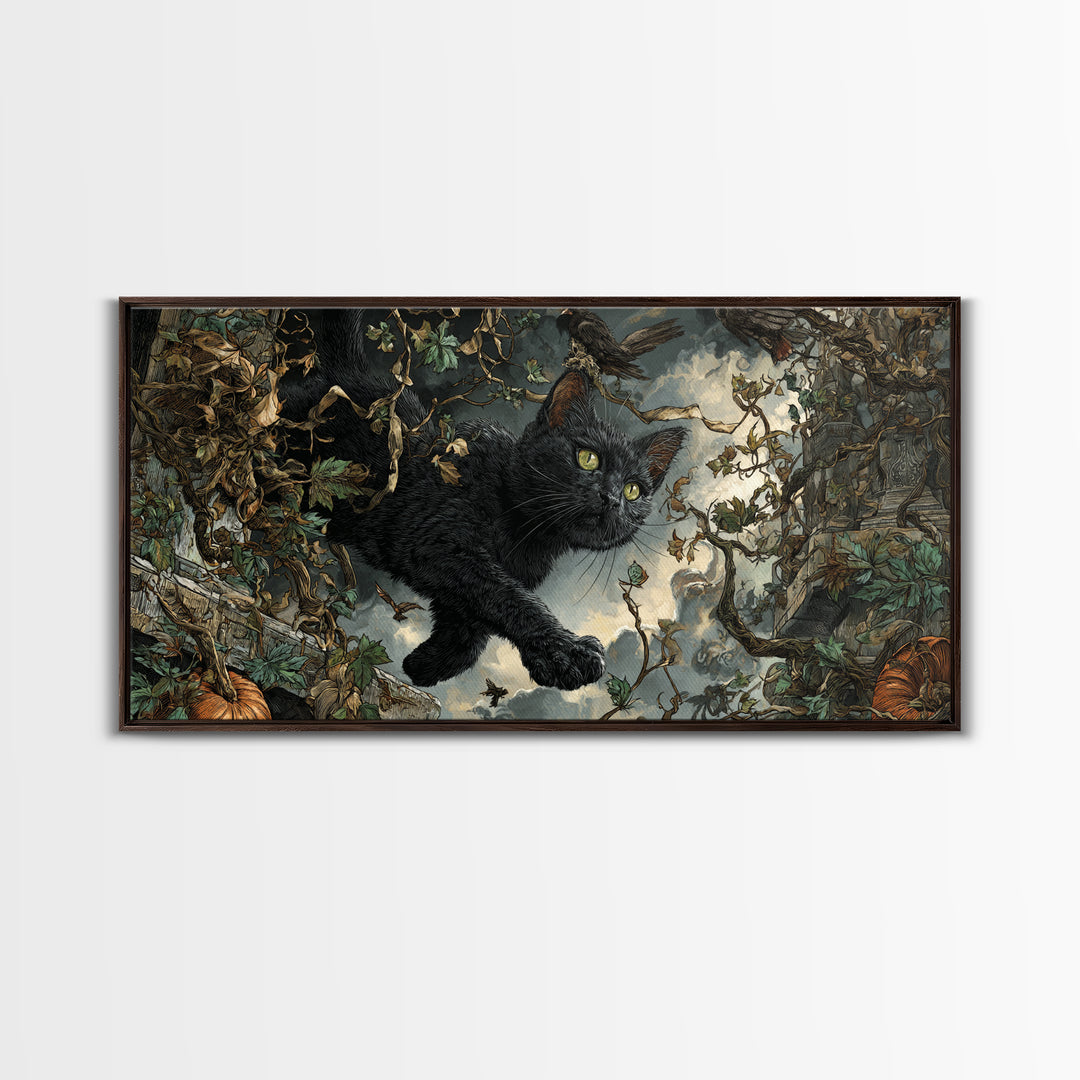 The Black Cat Gathering, Wide Panoramic Art, Gothic Horror Wall Art, Framed Canvas Print, Halloween Wall Decor, Gothic Home Decor