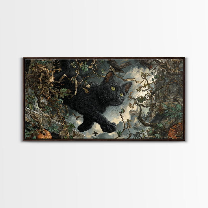 The Black Cat Gathering, Wide Panoramic Art, Gothic Horror Wall Art, Framed Canvas Print, Halloween Wall Decor, Gothic Home Decor